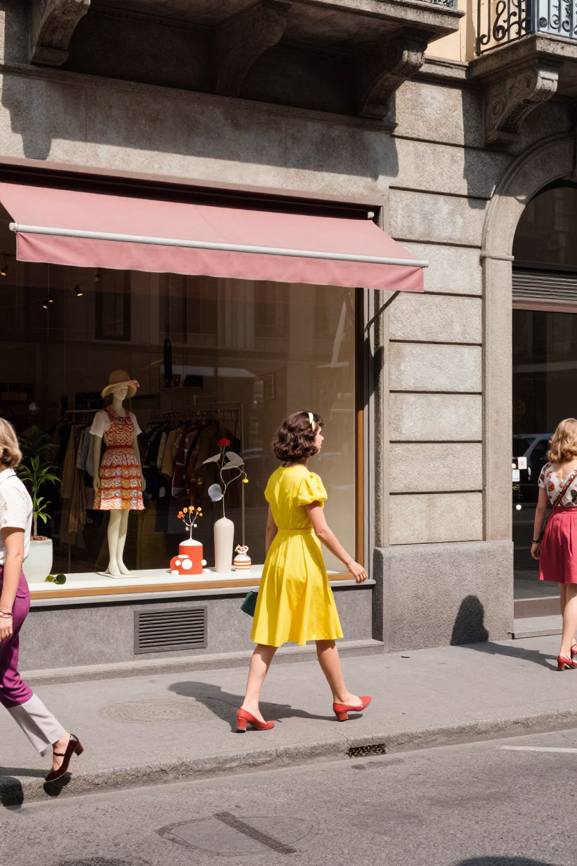 Colorful 1970s Milan Street Scene with Vintage Details in in Milan, Italy