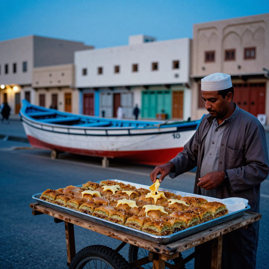 Colorful 1970s Muscat Evening Street Scene with Junk Boat Harbor View in in Muscat, Oman