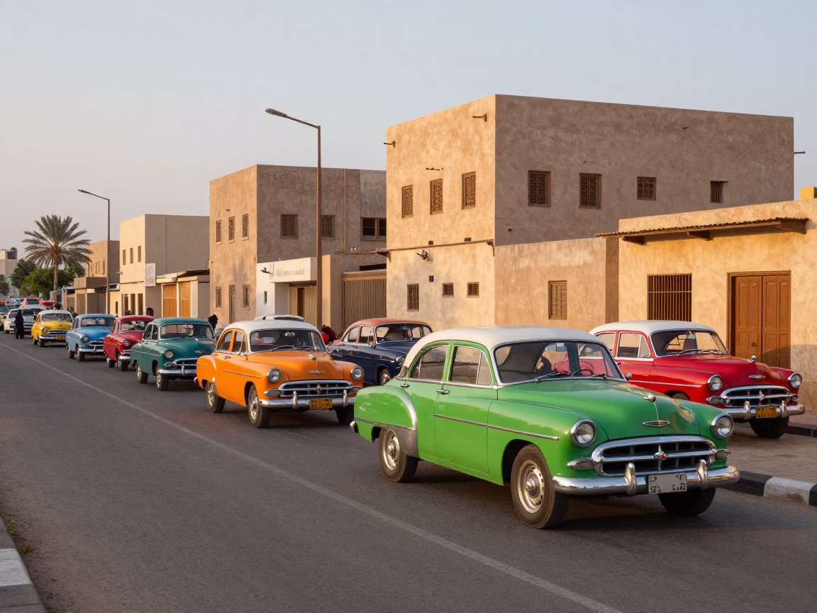 Colorful 1970s Muscat Oman Dawn Street Scene with Vintage Car Rally and Local Life in in Muscat, Oman