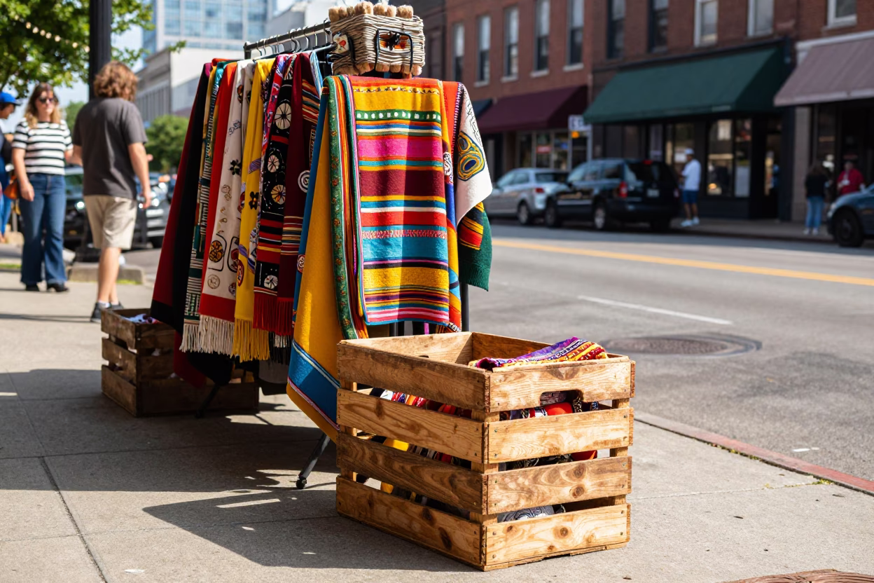 Colorful 1970s Nashville Street Scene with Vintage Crate and Glass Tumblers in in Nashville, Tennessee, United States