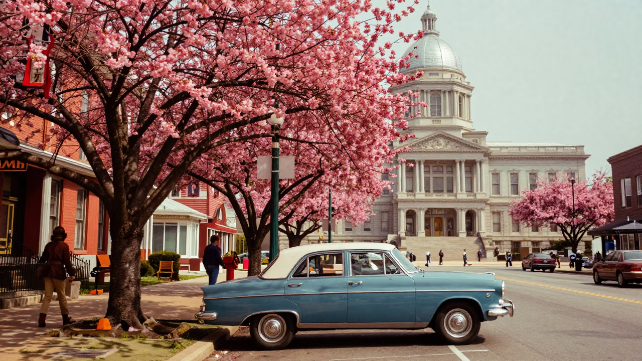 Colorful 1970s Nashville Tennessee Street Scene with Cherry Blossoms and Fountain Spray in in Nashville, Tennessee, United States