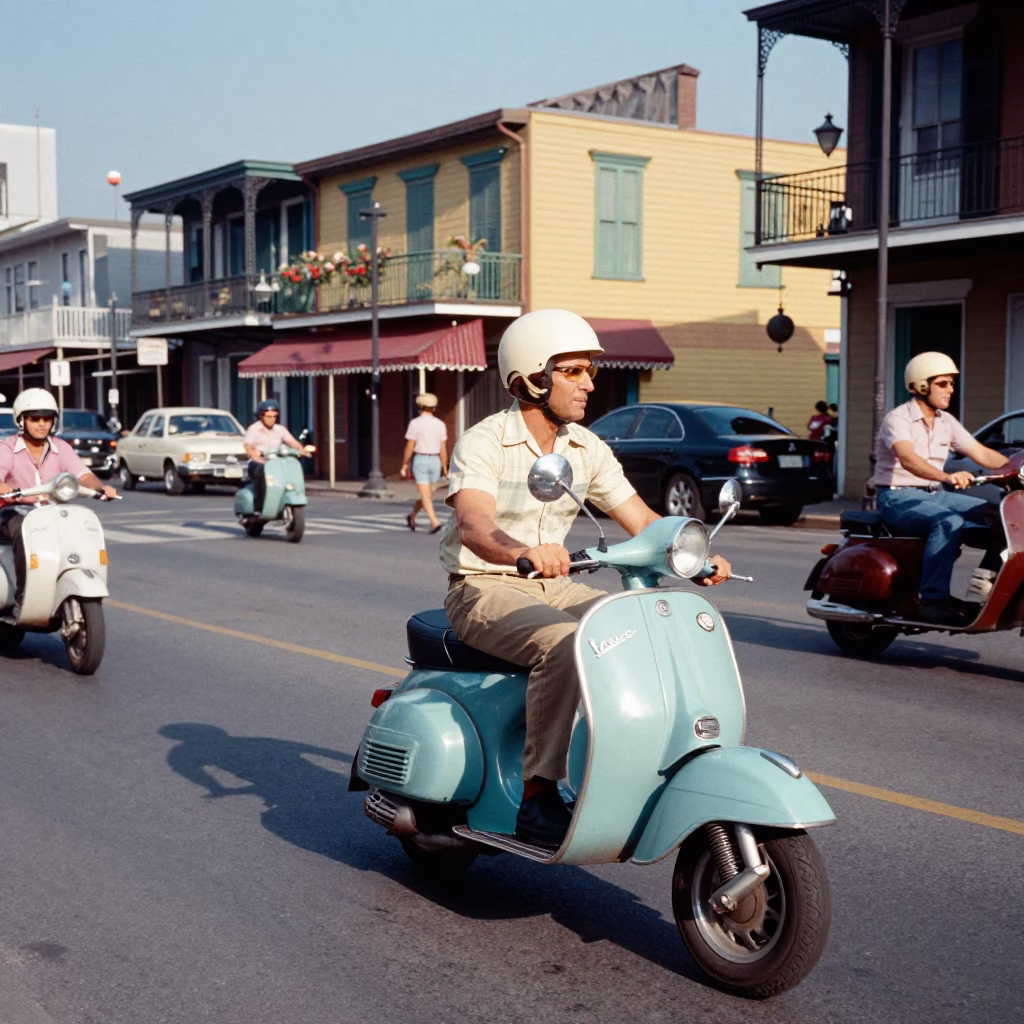 Colorful 1970s New Orleans Street Scene with Vintage Scooter and Local Life in in New Orleans, Louisiana, United States