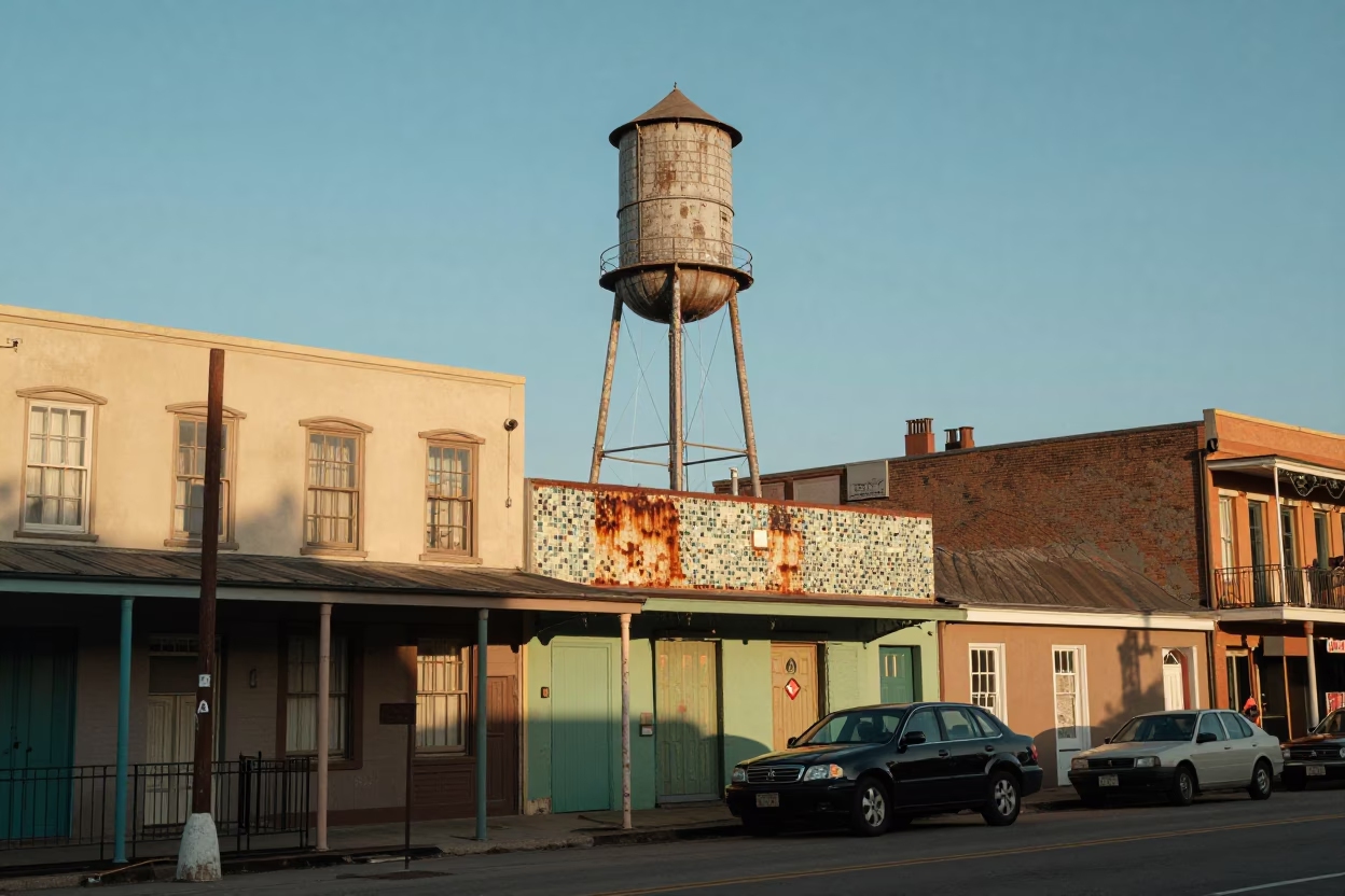 Colorful 1970s New Orleans Street Scene with Water Tower and Rusty Details in in New Orleans, Louisiana, United States
