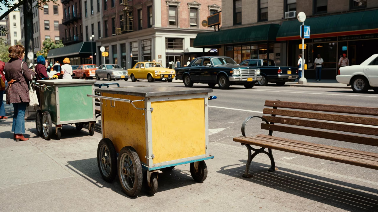 Colorful 1970s New York City Street Scene with Rolling Carts and Urban Details in in New York, New York, United States