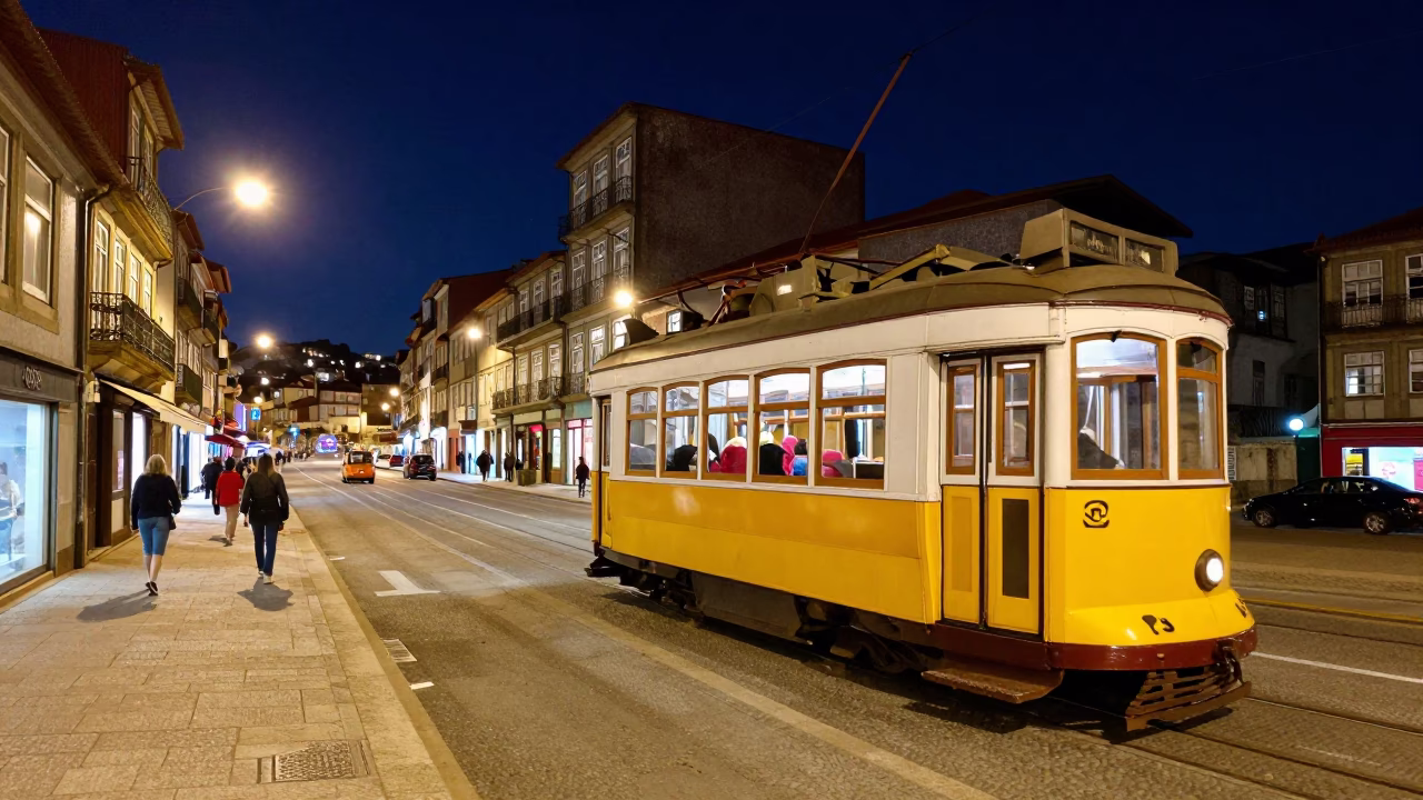 Colorful 1970s Night Scene in Porto Portugal with Vintage Tram and Streetlights in in Porto, Portugal