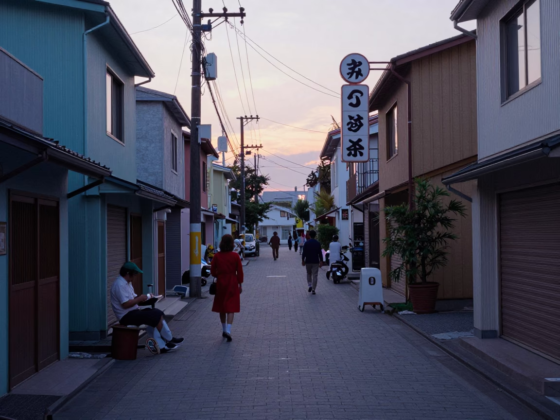 Colorful 1970s Osaka Street Scene Before Sunrise with Vintage Rickshaw and Local Commerce in in Osaka, Japan