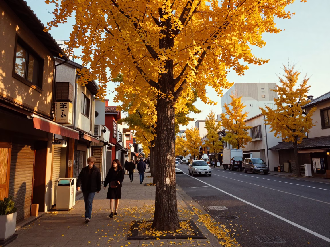 Colorful 1970s Osaka Street Scene with Ginkgo Tree and Traditional Porcelain Jar in in Osaka, Japan