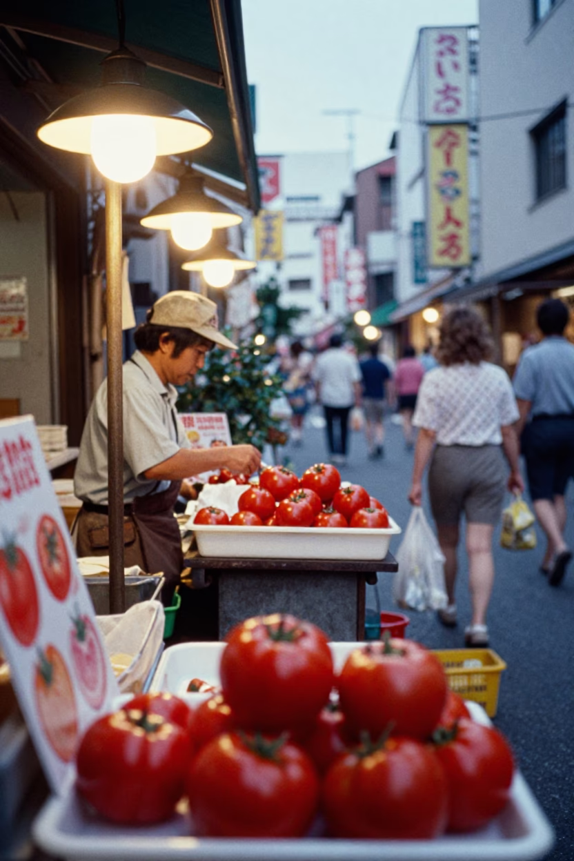 Colorful 1970s Osaka Street Scene with Red Tomatoes and Wicker Basket in in Osaka, Japan