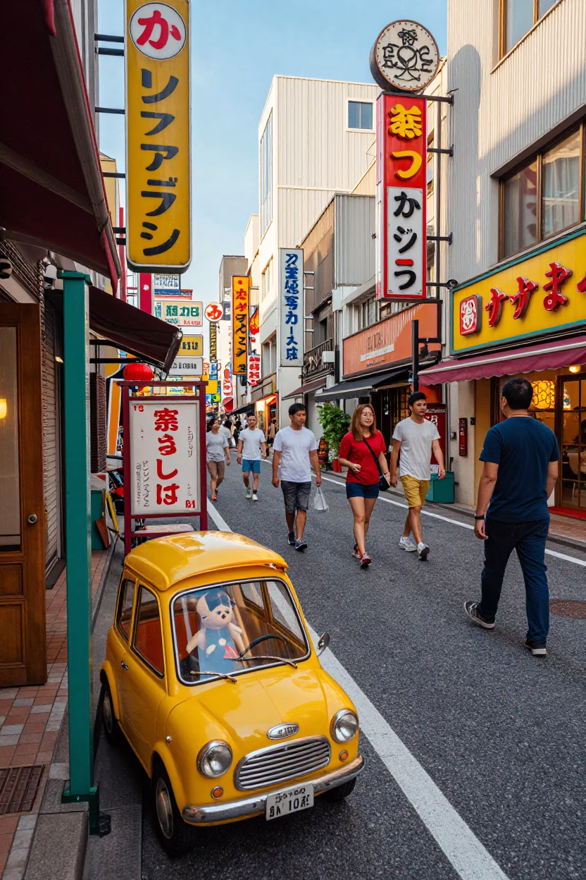 Colorful 1970s Osaka Street Scene with Vintage Toy and Local Shop Details in in Osaka, Japan