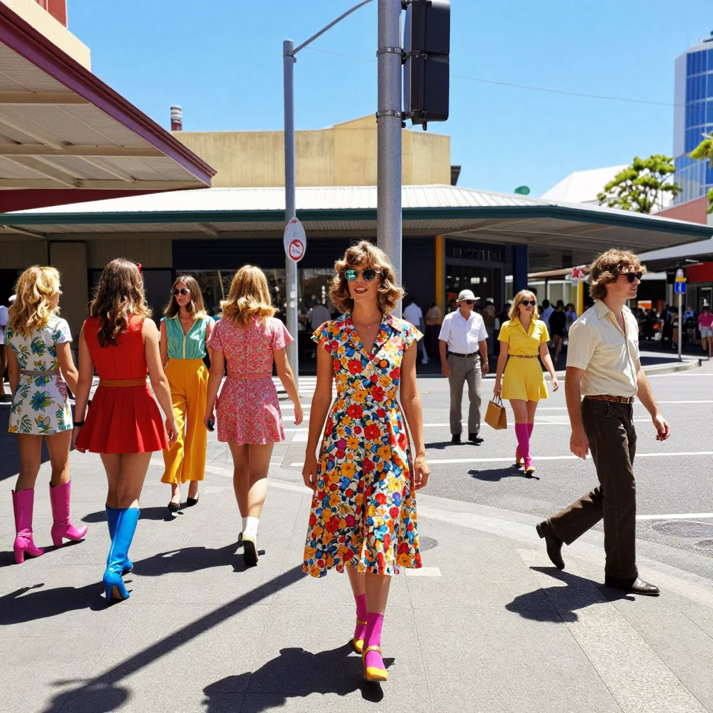 Colorful 1970s Perth Street Scene with Vintage Fashion and Local Architecture in in Perth, Western Australia, Australia
