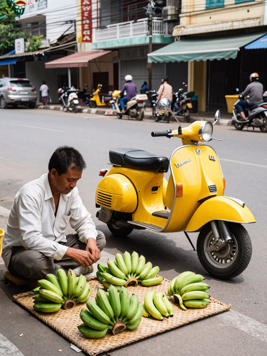 Colorful 1970s Phnom Penh Street Scene with Yellow Vespa and Local Vendor in in Phnom Penh, Cambodia