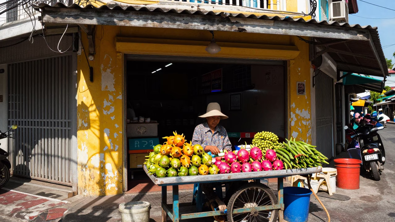 Colorful 1970s Phuket Street Scene with Dragon Fruit Vendor and Stair Rail in in Phuket, Thailand
