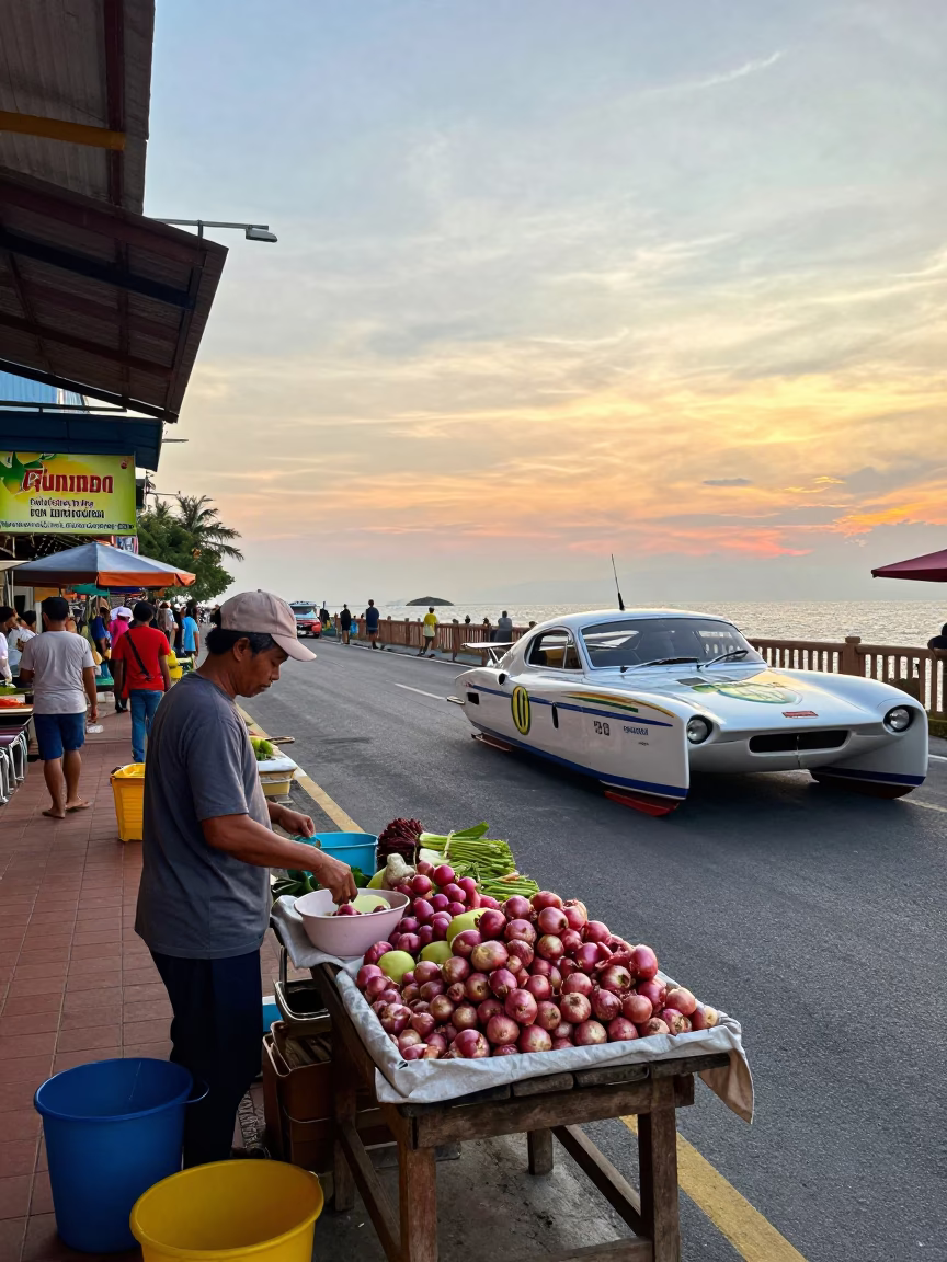 Colorful 1970s Phuket Street Scene with Racing Catamaran and Tropical Morning Light in in Phuket, Thailand