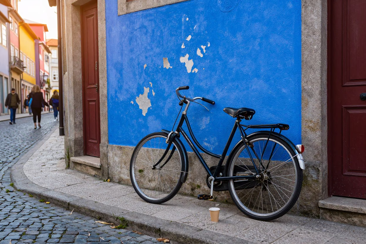 Colorful 1970s Porto Street Scene with Bicycle and Coffee Stall in in Porto, Portugal
