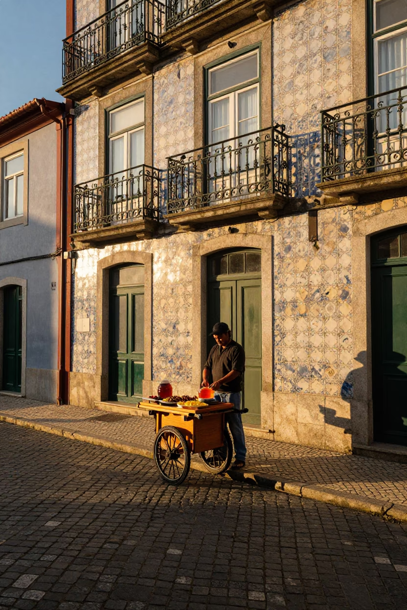 Colorful 1970s Porto Street Scene with Tray of Honey Drizzled Loukoumades in in Porto, Portugal