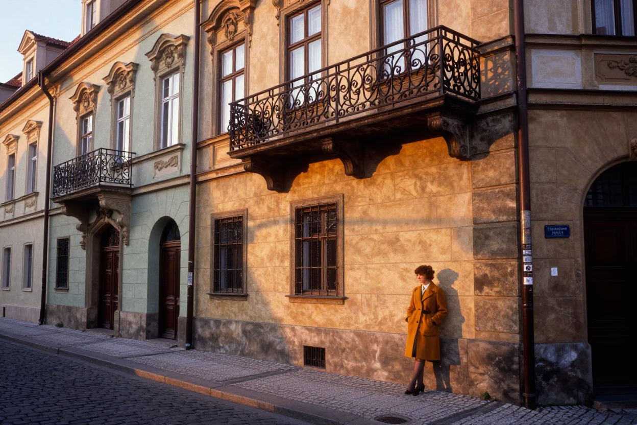 Colorful 1970s Prague Evening Street Scene with Vintage Details and Local Life in in Prague, Czech Republic