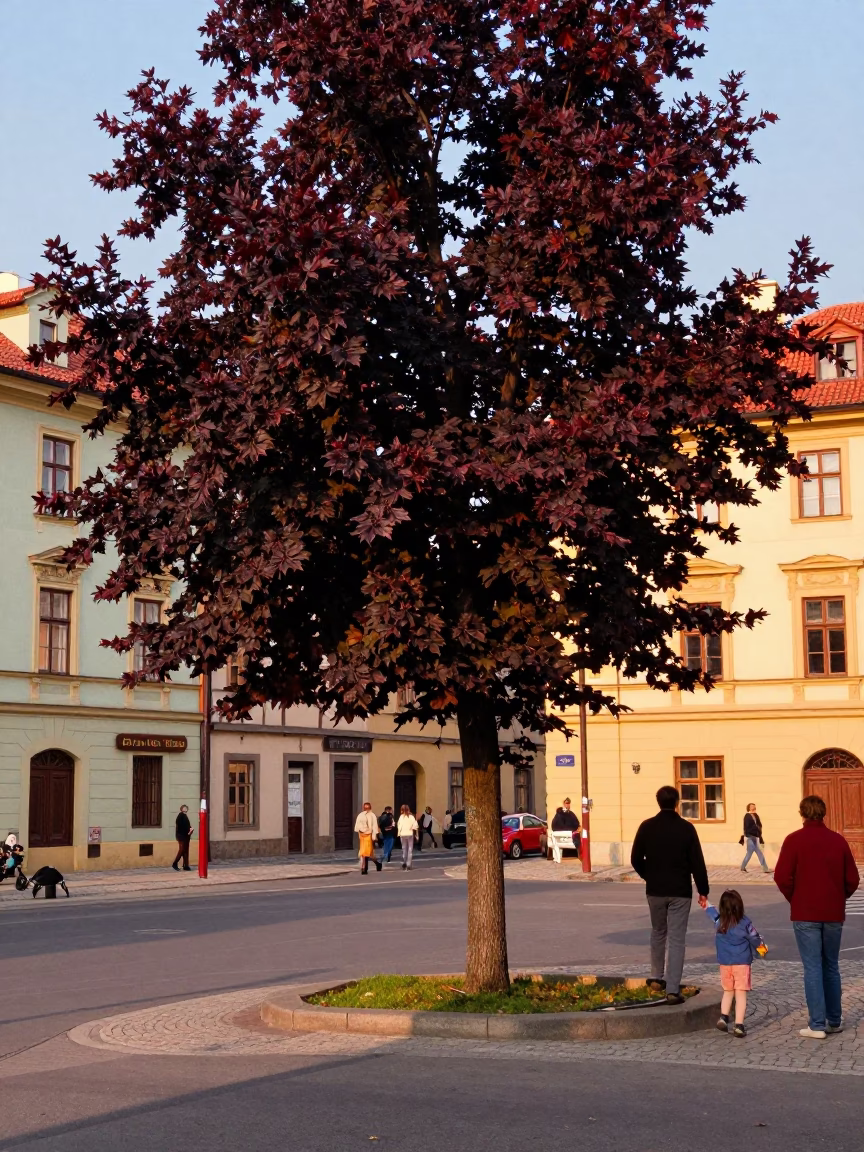 Colorful 1970s Prague Street Scene with Copper Beech Tree and Parkland in in Prague, Czech Republic