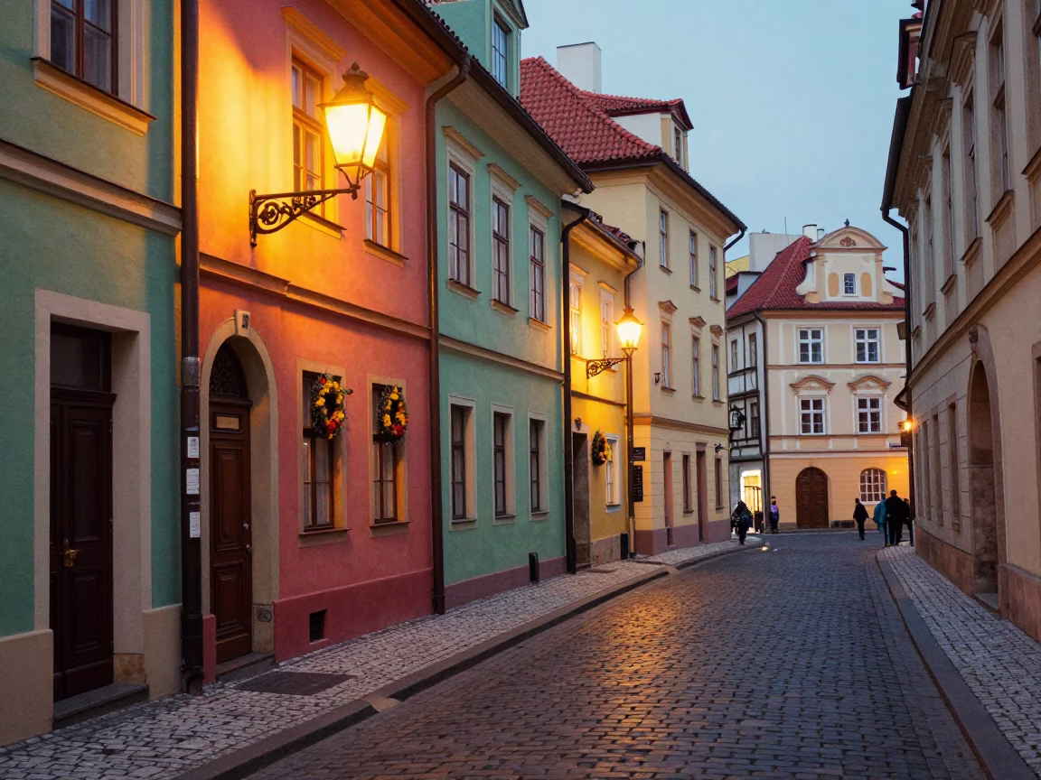 Colorful 1970s Prague Street Scene with Vintage Door Wreaths and Cobblestone Alley in in Prague, Czech Republic