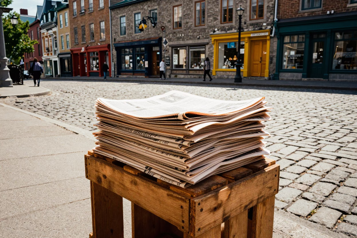 Colorful 1970s Quebec City Street Scene with Newspaper Stack and Cup in in Quebec City, Quebec, Canada