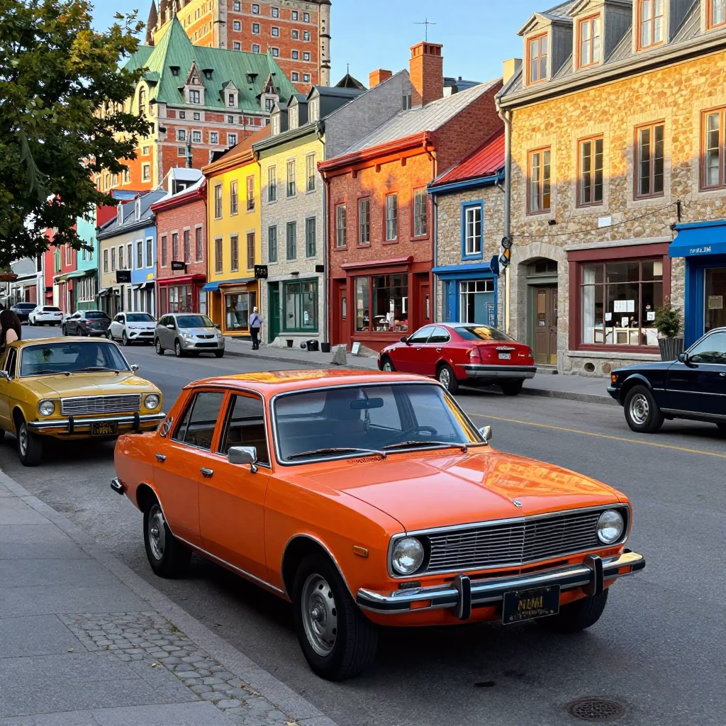 Colorful 1970s Quebec City Street Scene with Vintage Cars and Brick Architecture in in Quebec City, Quebec, Canada