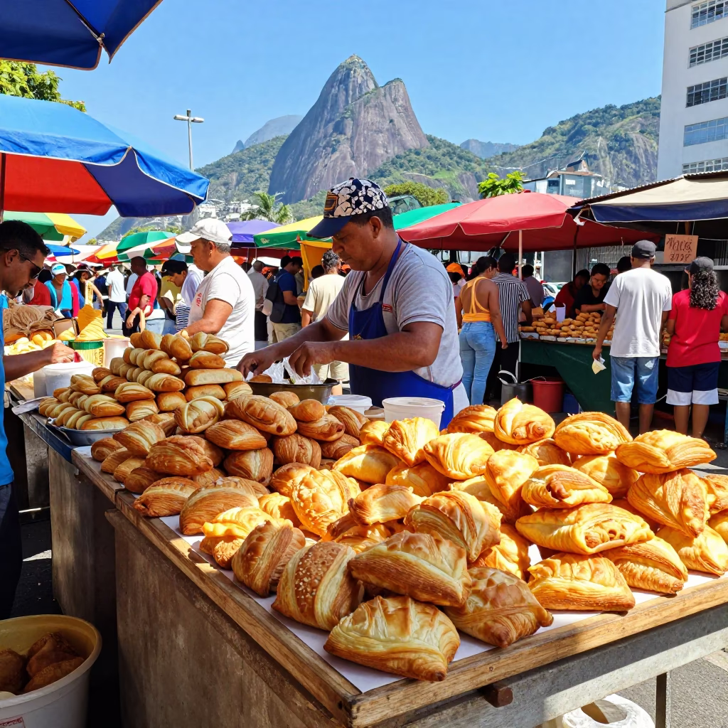 Colorful 1970s Rio de Janeiro Street Market Scene with Pastries and Peg Rail Display in in Rio de Janeiro, Brazil