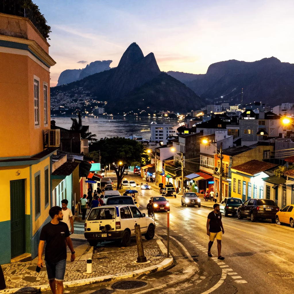 Colorful 1970s Rio de Janeiro Street Scene at Dusk with Vibrant Local Life in in Rio de Janeiro, Brazil