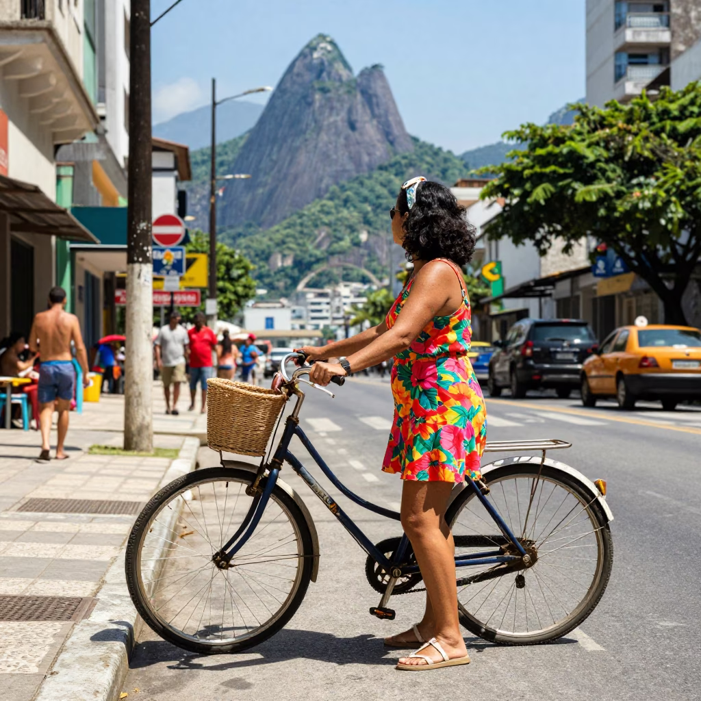 Colorful 1970s Rio de Janeiro Street Scene with Vintage Bicycle and Market Goods in in Rio de Janeiro, Brazil