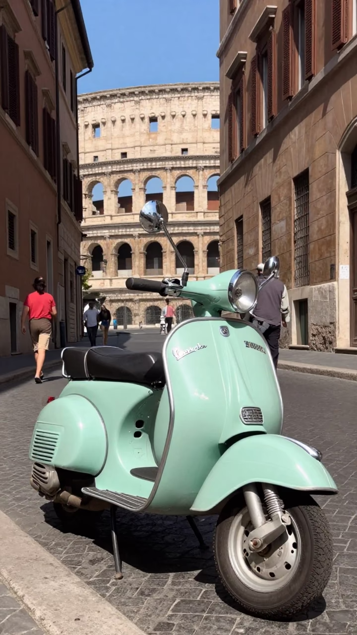 Colorful 1970s Rome Street Scene with Vintage Scooter and Local Market Activity in in Rome, Italy