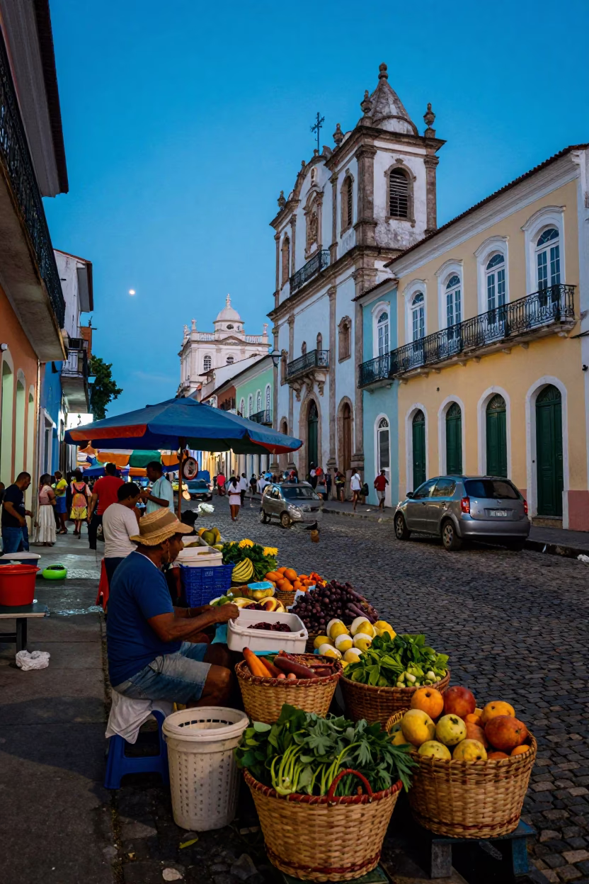 Colorful 1970s Salvador Brazil Evening Street Scene with Local Market Goods and Traditional Architecture in in Salvador, Brazil