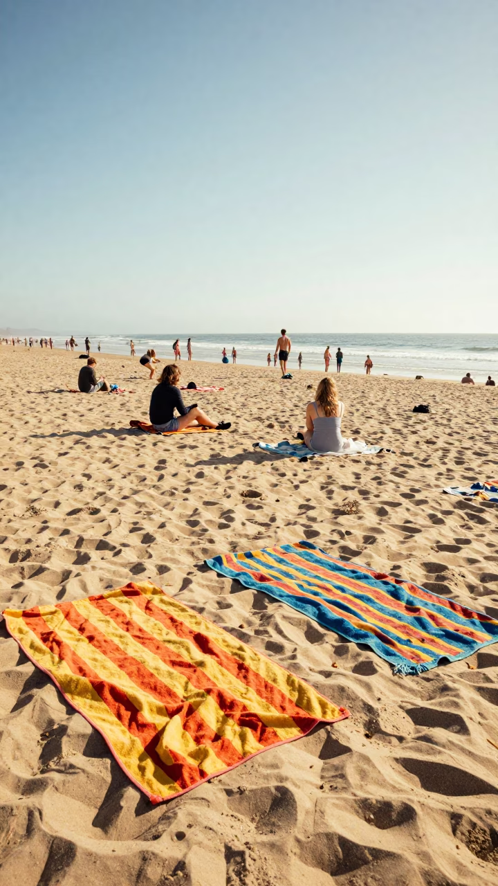 Colorful 1970s San Diego Beach Scene with Vintage Towels and Casual Lifestyle in in San Diego, California, United States