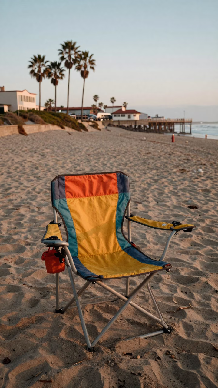 Colorful 1970s San Diego Coastline Morning with Vintage Folding Chair and Fishing Kayak in in San Diego, California, United States