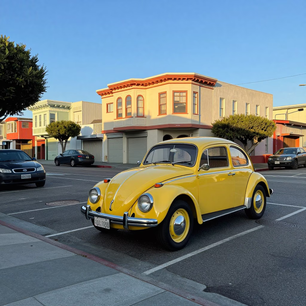 Colorful 1970s San Francisco Street Scene with Vintage Cars and Cherry Blossoms in in San Francisco, California, United States