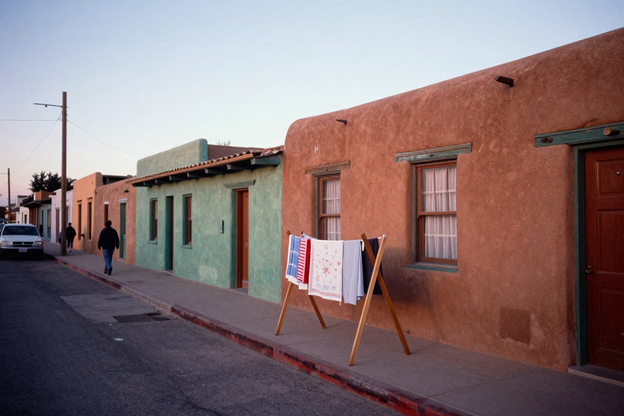 Colorful 1970s Santa Fe Street Scene with Drying Rack and Stonemason at Nautical Dawn in in Santa Fe, New Mexico, United States