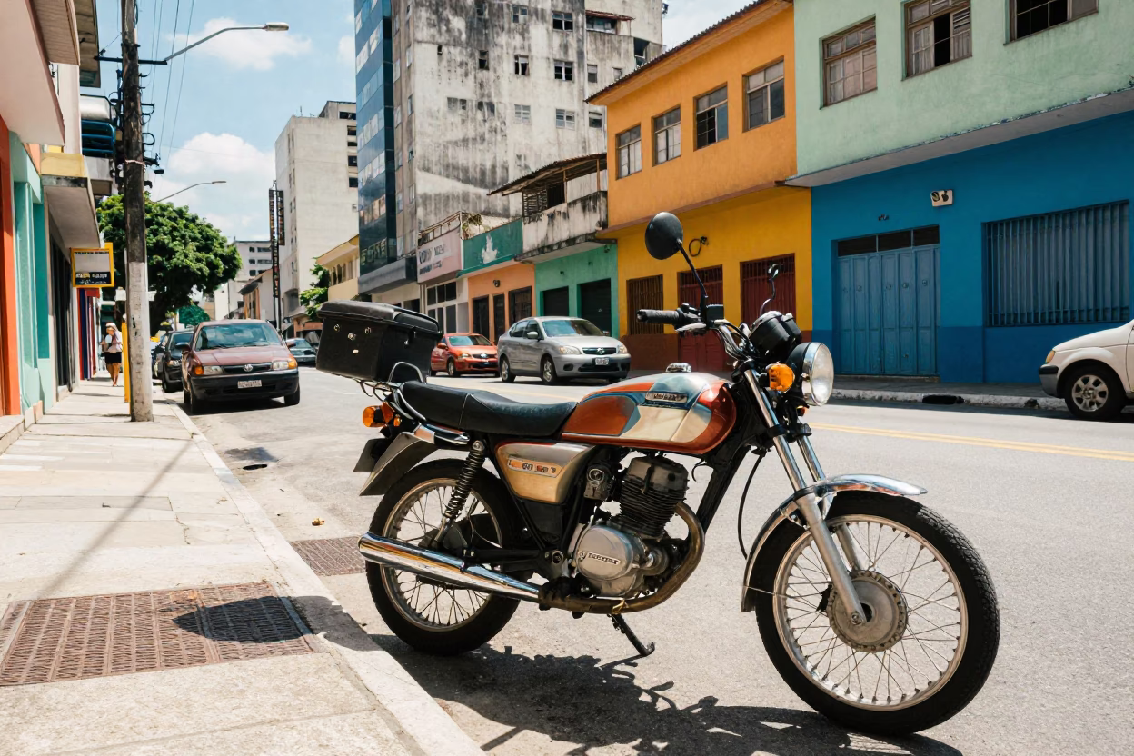 Colorful 1970s São Paulo Street Scene with Motorcycle and Lockbox in in São Paulo, Brazil