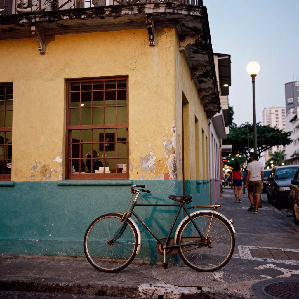 Colorful 1970s São Paulo Street Scene with Vintage Bicycle and Bakery in in São Paulo, Brazil