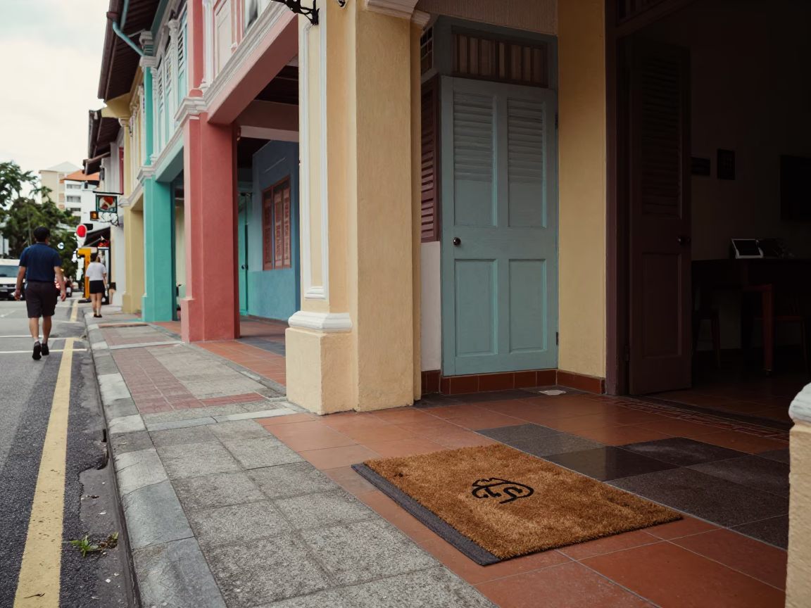 Colorful 1970s Singapore Street Scene with Doormat and Signet Ring at First Light in in Singapore, Singapore