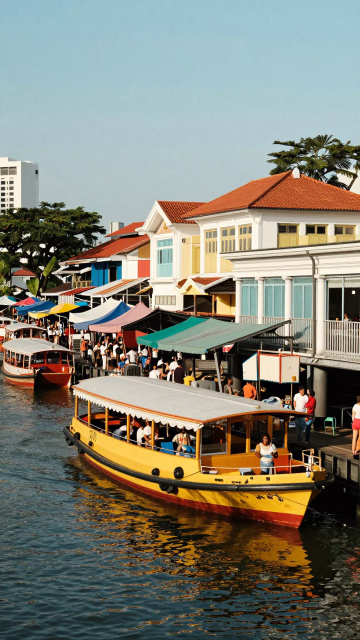 Colorful 1970s Singapore Street Scene with Water Taxi and Local Market Activity in in Singapore, Singapore