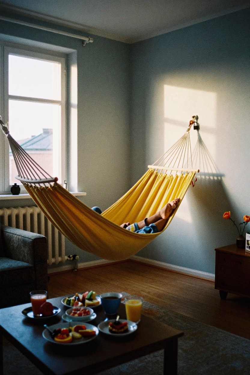 Colorful 1970s Stockholm Breakfast Scene with Hammock and Padlock in Pre-Dawn Light in in Stockholm, Sweden