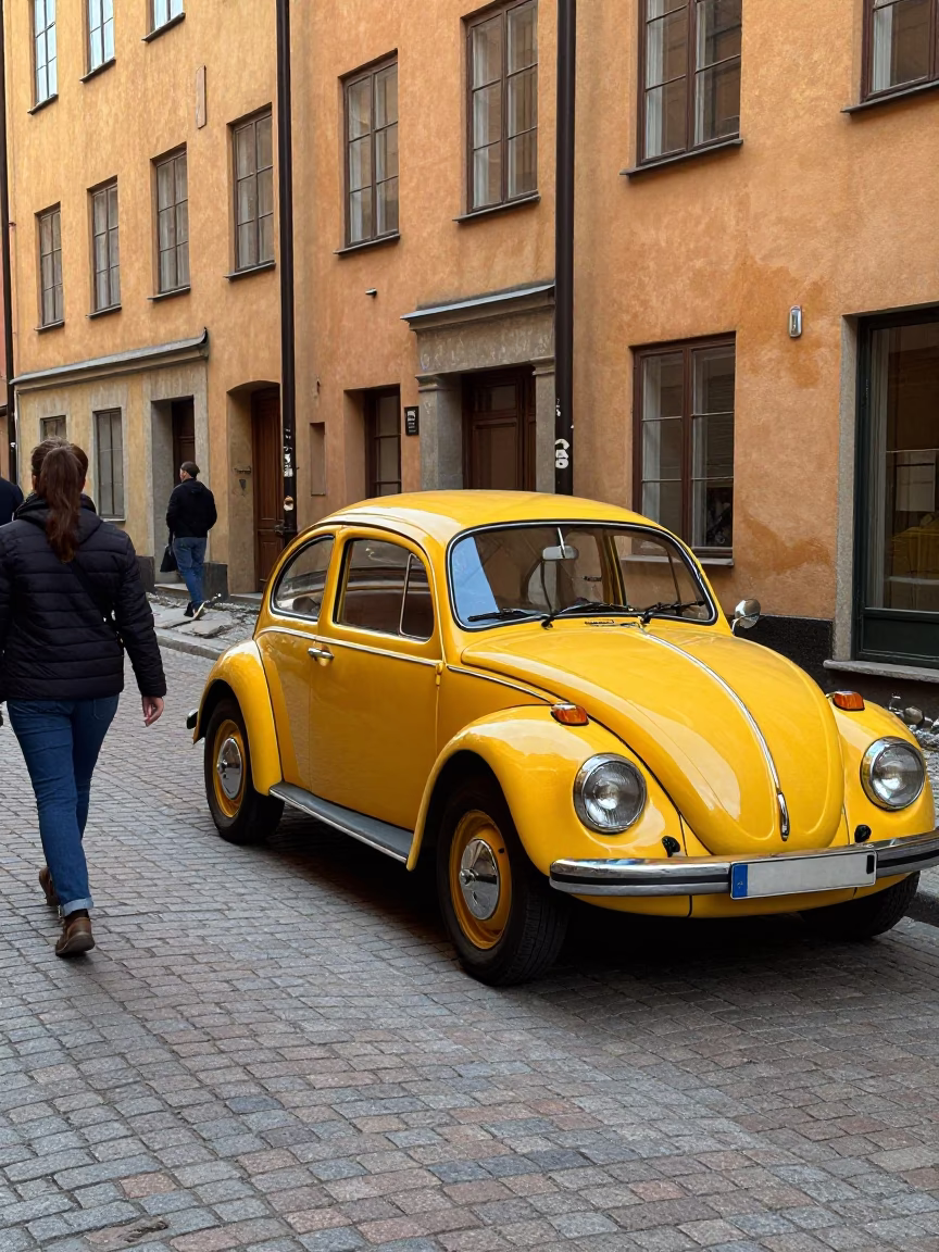 Colorful 1970s Stockholm Street Scene with Vintage Car and Pedestrians Near Water in in Stockholm, Sweden
