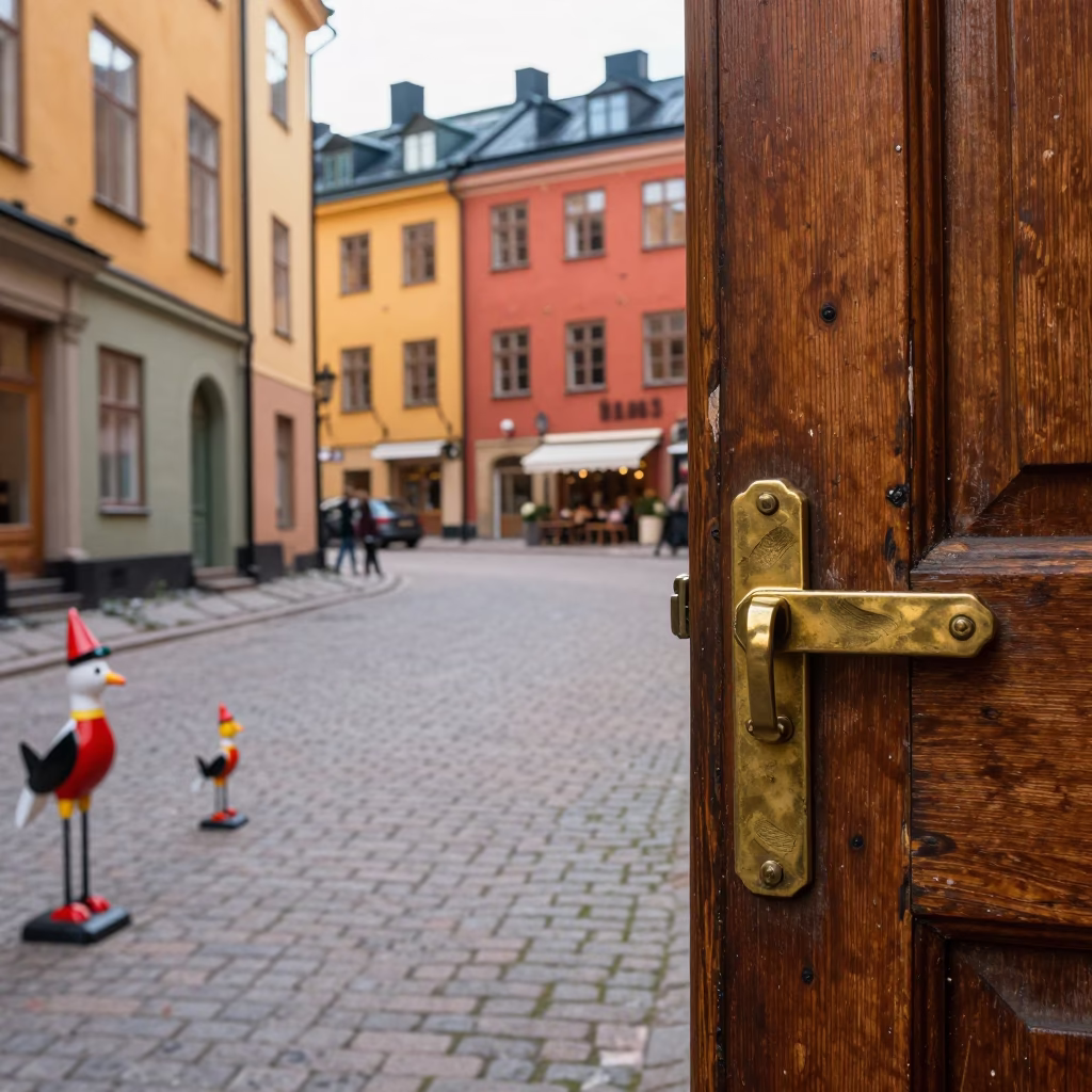 Colorful 1970s Stockholm Street Scene with Vintage Decoys and Rustic Trellis in in Stockholm, Sweden