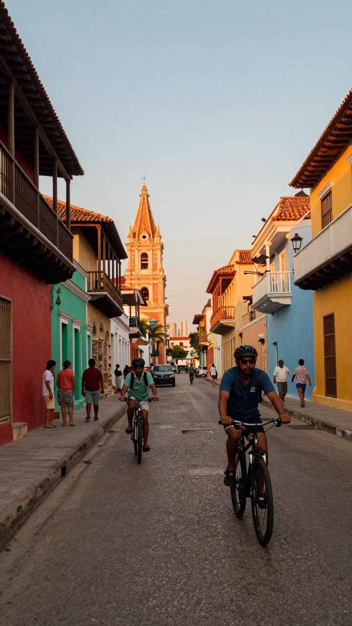 Colorful 1970s Street Scene in Cartagena Colombia with Cyclist and Local Life in in Cartagena, Colombia