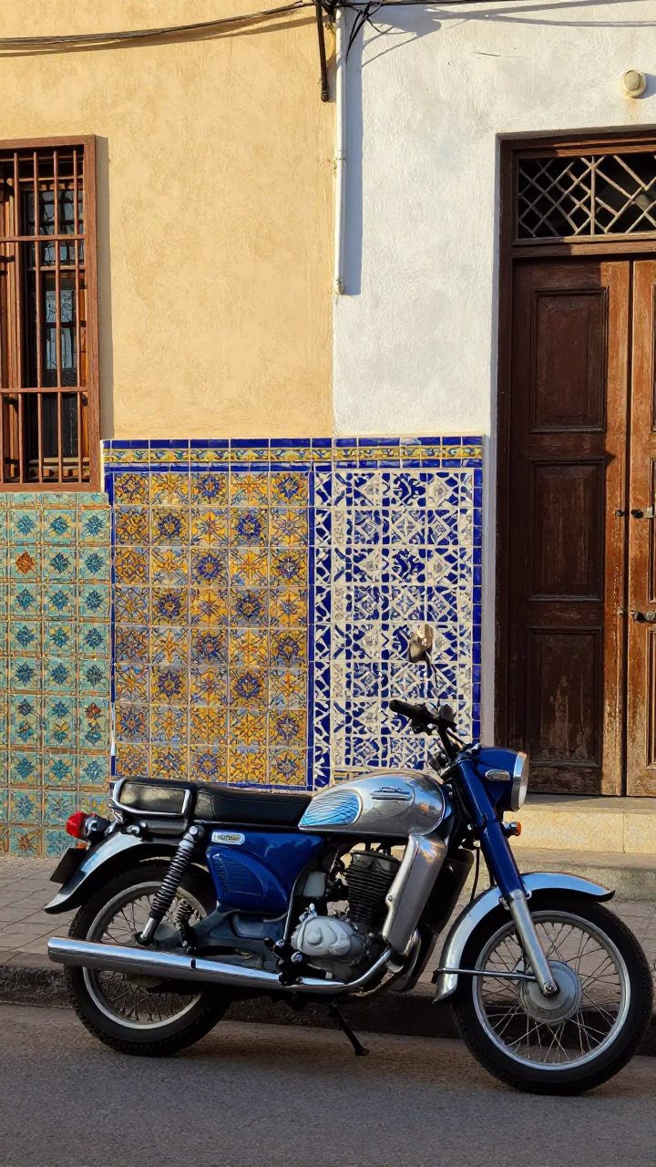 Colorful 1970s Street Scene in Casablanca Morocco with Vintage Motorcycle and Sidecar in in Casablanca, Morocco