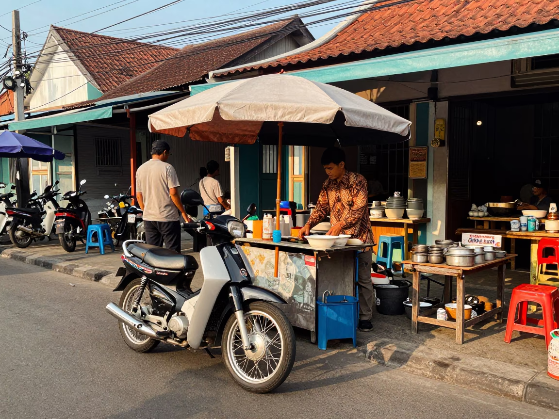 Colorful 1970s Street Scene in Denpasar Indonesia with Vintage Motorbike and Local Market Vendor in in Denpasar, Indonesia