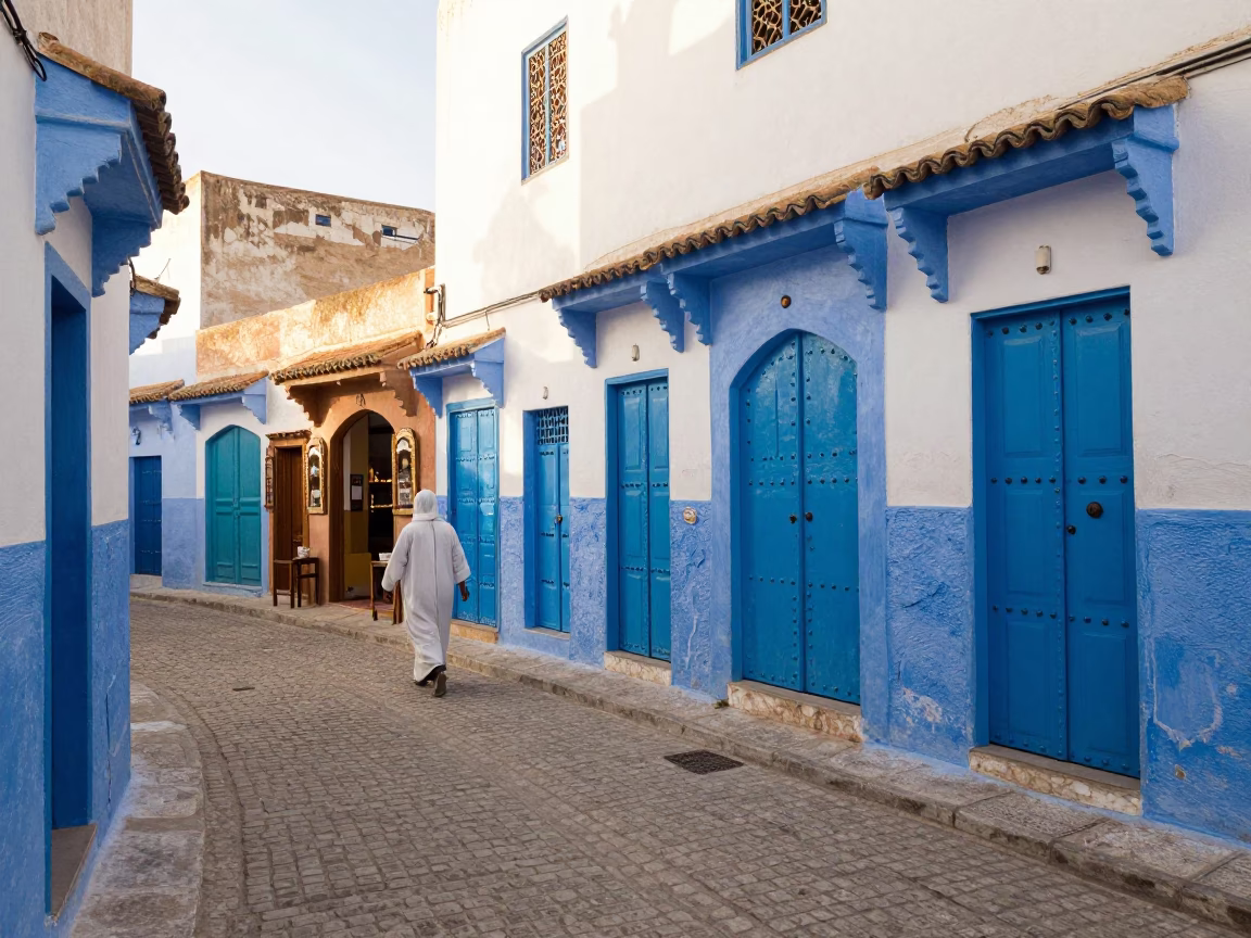 Colorful 1970s Street Scene in Essaouira Morocco With Blue Doors And Local Life in in Essaouira, Morocco