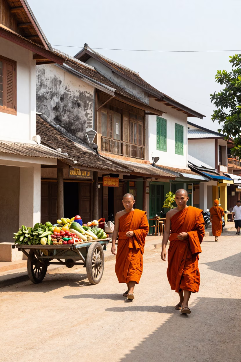 Colorful 1970s Street Scene in Luang Prabang Laos with Monks and Local Life in in Luang Prabang, Laos