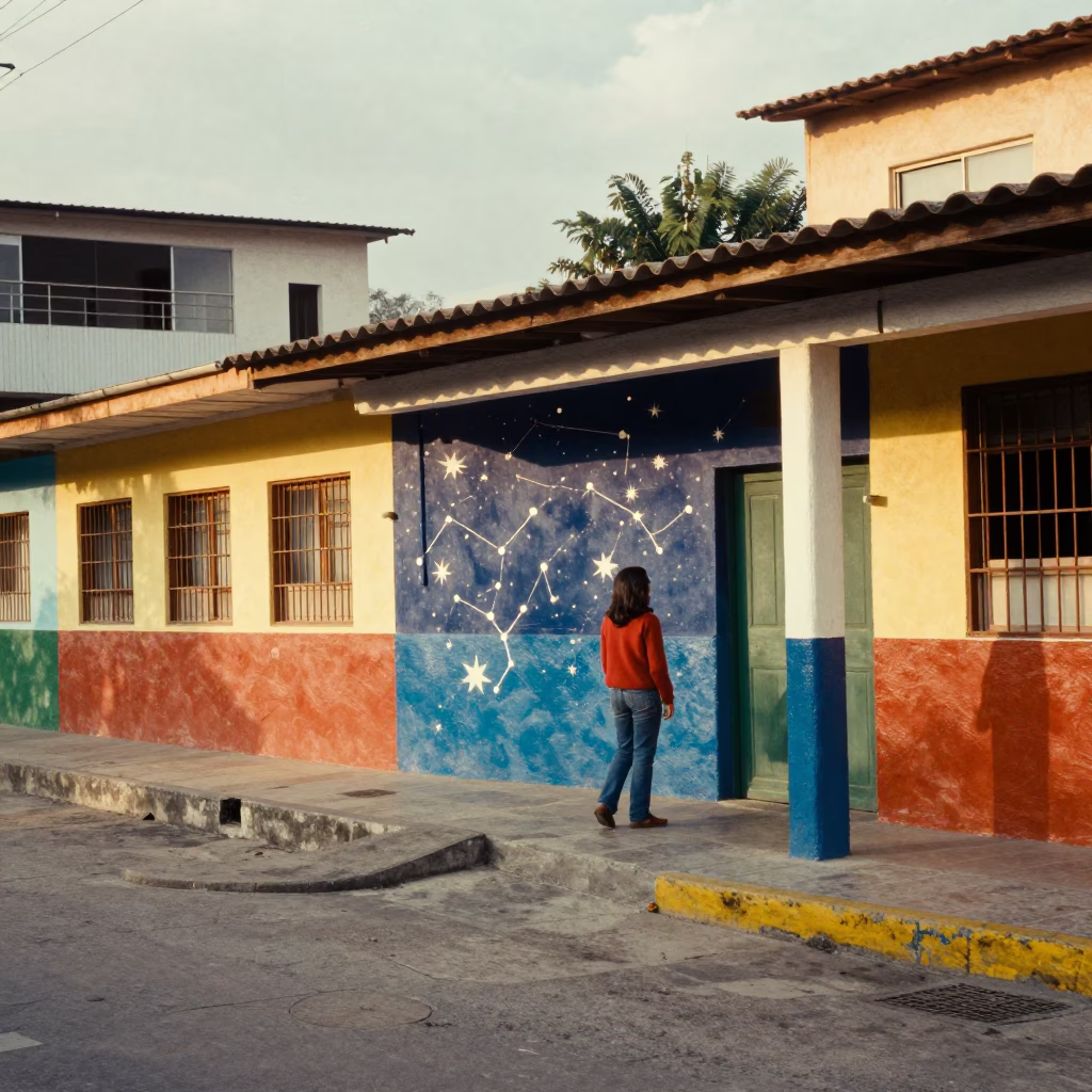 Colorful 1970s Street Scene in Medellin Colombia with Mural and Local Life in in Medellin, Colombia