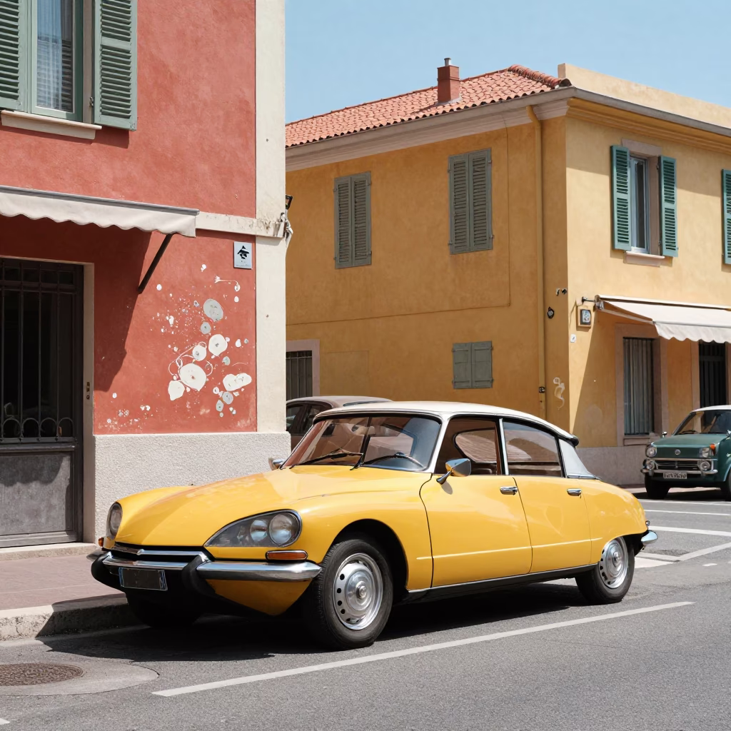 Colorful 1970s Street Scene in Nice France with Vintage Cars and Doormat in in Nice, France