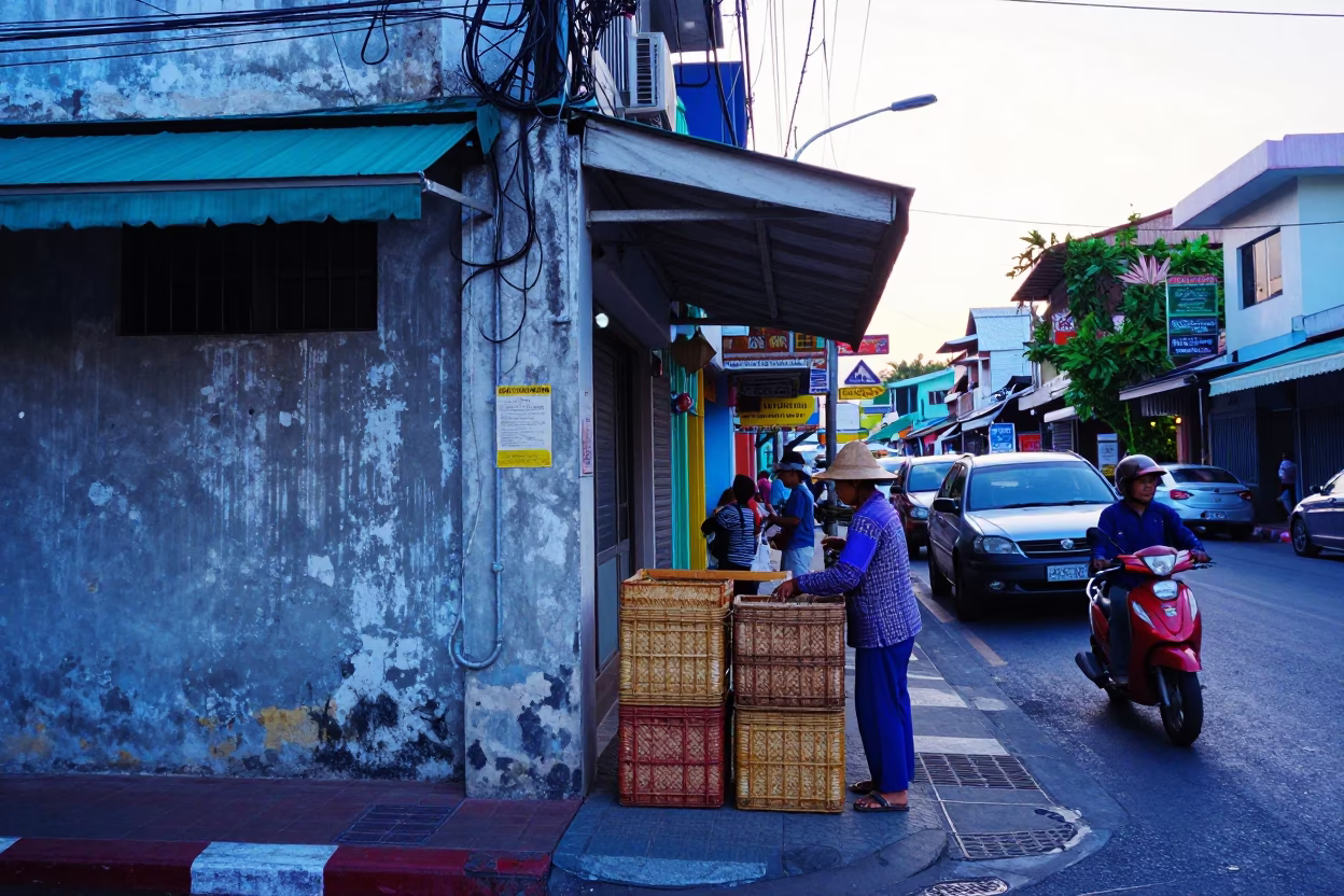 Colorful 1970s Street Scene in Phuket Thailand Morning Light in in Phuket, Thailand