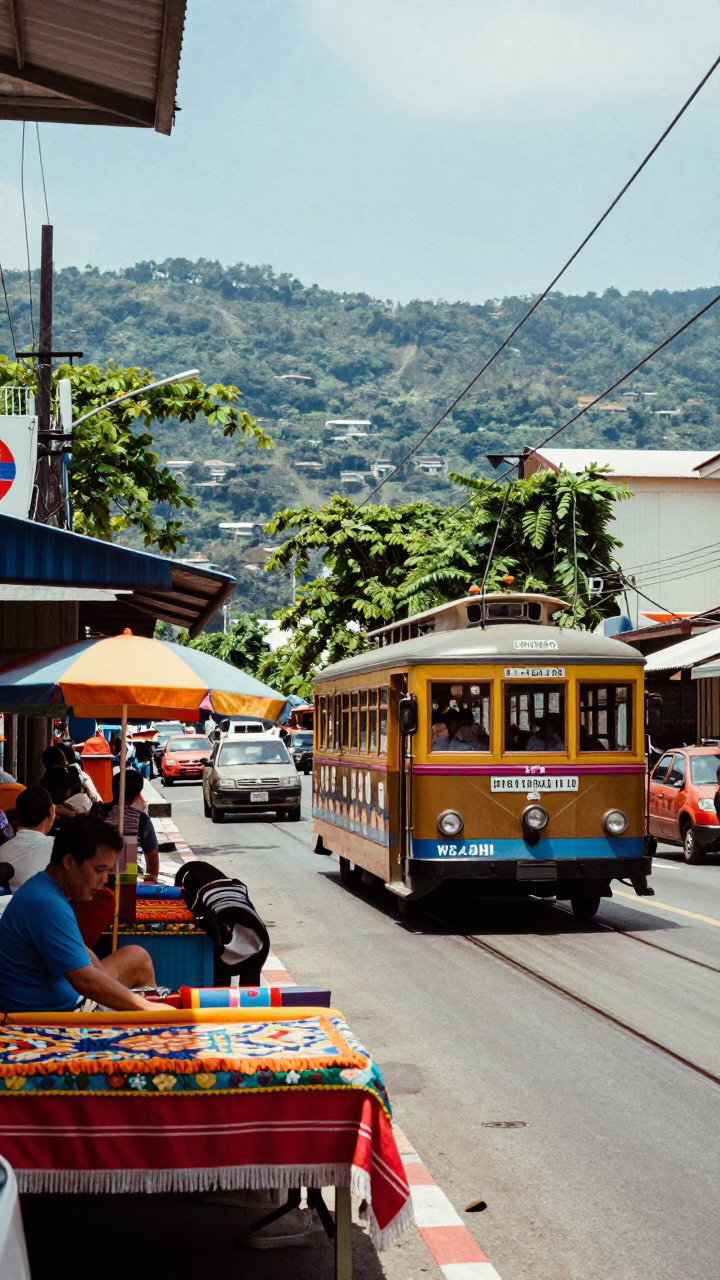 Colorful 1970s Street Scene in Phuket Thailand with Cable Car and Zinnias in in Phuket, Thailand
