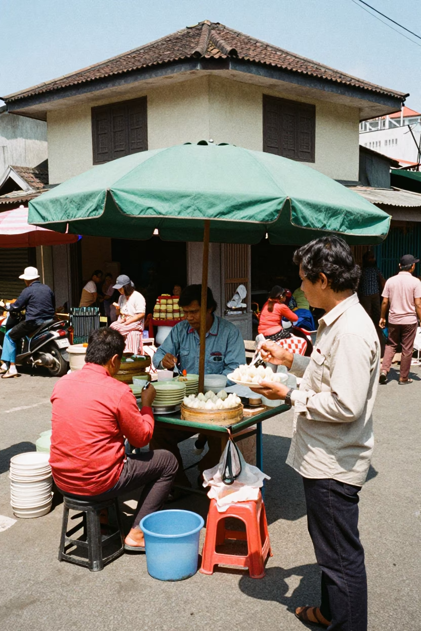 Colorful 1970s Street Scene in Yogyakarta Indonesia Midday in in Yogyakarta, Indonesia
